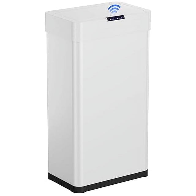 Pirecart 21.1 Gallon Touchless Automatic Trash Can with Lid, featuring a motion sensor for hands-free operation. Made of stainless steel with a brushed, fingerprint-resistant surface, this rectangular trash can has a slim profile and a capacity of 21.1 gallons (80 liters). It includes a detachable inner ring to secure trash bags and operates on 4 AA batteries (not included). The lid opens automatically when motion is detected within a 5.9-inch sensing area and closes quietly after 9 seconds. Suitable for kitchens, home offices, and other indoor spaces.
