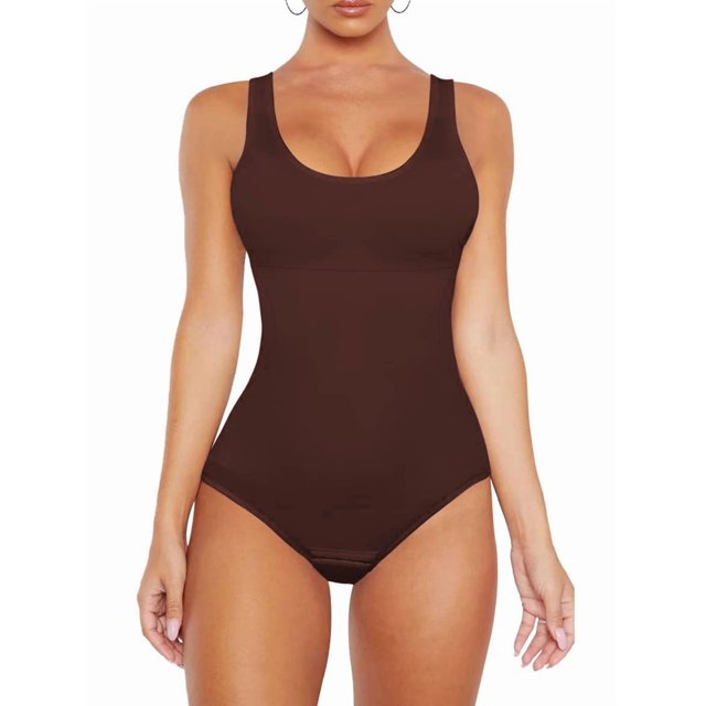 Justaucorps Débardeur pour Femmes, Contrôle du Ventre, Coupe Ajustée, Sans Manches, Justaucorps, Col Rond, Couleur Café, L
