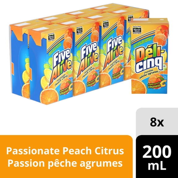 Five Alive Passionfruit Peach Citrus Cartons, 200 mL, 8 Pack