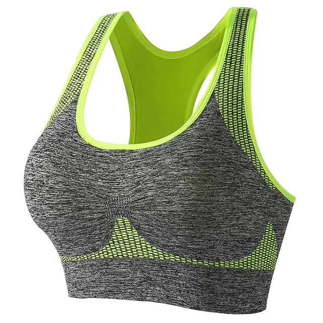 AherBiu Sports Bras for Women Wireless Racerback High Impact Support Workout Tops Yoga Bralette in a grey and neon green design. Features a racerback style with crisscross back straps for added support and flexibility. Made from sweat-wicking, stretch fabric with optional removable cups for customizable coverage. Ideal for yoga, running, gym workouts, and high-impact activities.