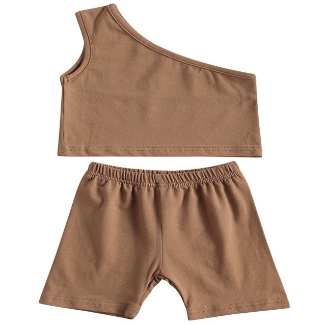 2PCS Infant Kids Baby Girls Solid Color Cotton One Shoulder Tops Shorts Set Apricot 6-12 Months