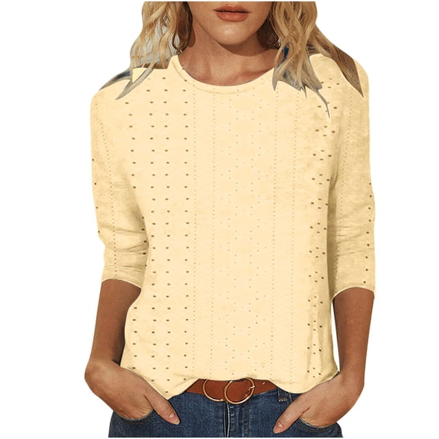 Blouses pour Femmes T-Shirt Uni Ample Mi-Long Manches 3/4 Blouse Col Rond Décontracté, Blouses pour Femmes T-Shirts pour Femmes, Blouses pour Femmes Décontractées