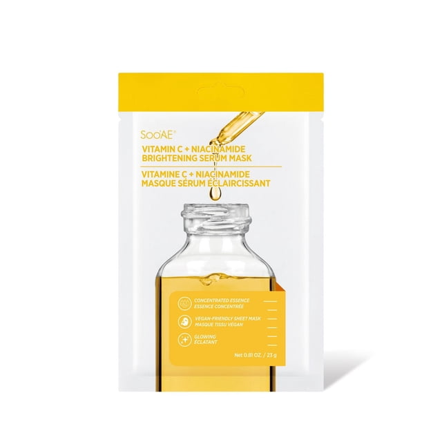 Soo'AE Masque Sérum Éclaircissant à la Vitamine C + Niacinamide en Sachet Blanc et Jaune Comprenant une Bouteille en Verre Transparent avec Sérum Doré et un Compte-Gouttes Libérant une Goutte, essence Concentrée Mettant en Valeur, Masque en Feuille Végétalien, et Bienfaits Lumineux pour la Peau, net 0,81 oz / 23 g, Convient pour Éclaircir et Régénérer la Peau Terne.