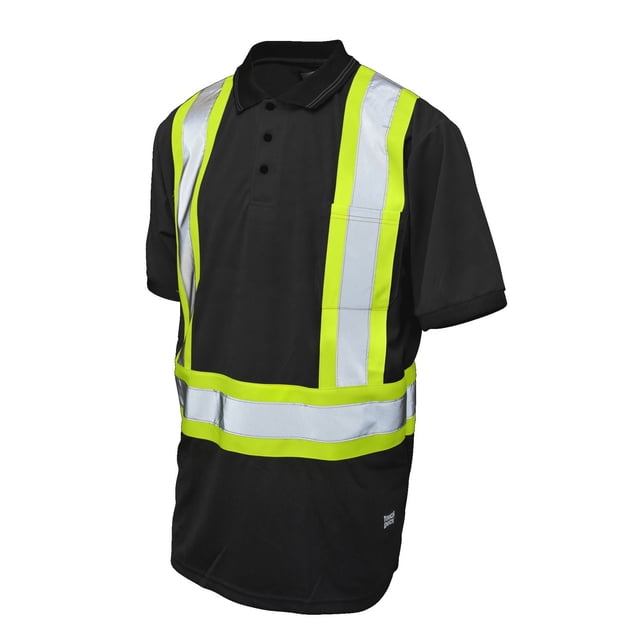 Tough Duck Polo de Sécurité à Manches Courtes en Noir avec Jaune Haute Visibilité et Rayures Argent Réfléchissantes sur la Poitrine, les Épaules et la Taille, Fabriqué en Maille Oiseau 100 % polyester avec Traitement d'Évacuation de l'Humidité, avec Col à Revers et Poche Poitrine, Convient aux Superviseurs et aux Contremaîtres sur les Chantiers.