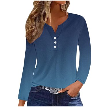 QIPOPIQ Womens 2024 Long Sleeve V-Neck Button Loose Casual Henley Tunic Tops T Shirt Fashion Clearance
