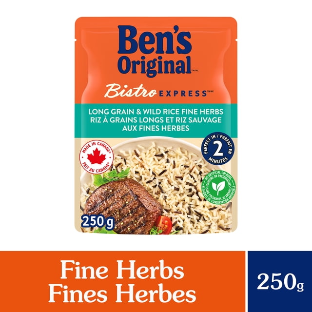 BEN'S ORIGINAL BISTRO EXPRESS Long Grain & Wild Rice Fine Herbs 250g microwavable pouch with orange and teal packaging, showing cooked long grain and wild rice with fine herbs, a grilled steak, and cherry tomatoes, made in Canada and ready in 2 minutes, suitable as a quick seasoned rice side dish.