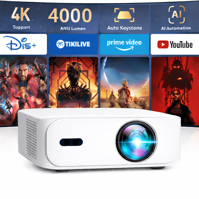Boss A5 1080p Full HD Android 11 Projector with 16:9 aspect ratio, 4000 lumens brightness, auto keystone adjustment, and smart Android system for direct streaming. The compact white projector features a large lens and side ventilation. Background highlights streaming apps like Disney+, Prime Video, and YouTube. Perfect for home theater, gaming, and professional presentations.