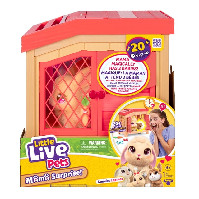 Little Live Pets Mama Surprise Bunny Playset showing a beige interactive mama bunny inside a red lattice door hutch, with packaging highlighting over 20 sounds and 20 accessories, designed for children aged 4 and up to simulate caring for a mama bunny and discovering her babies.