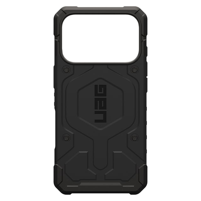 UAG Pathfinder MagSafe Rugged Case Black for iPhone 17 Pro, back view with black ultra-lightweight armor shell, hex pattern core, impact-resistant frame, raised camera bezel, and embossed UAG logo, offering military-grade drop protection and MagSafe compatibility.