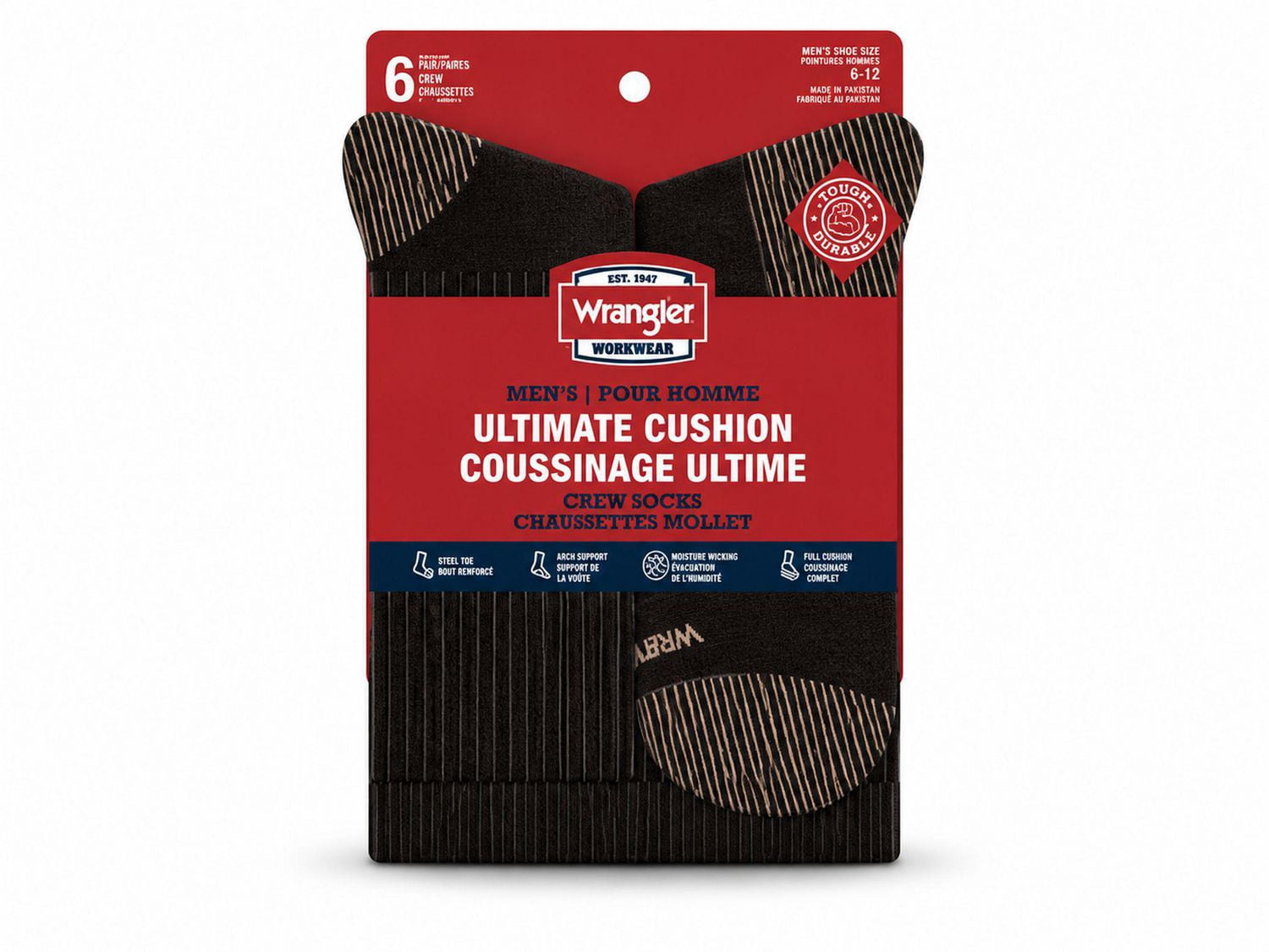 Wrangler Men's Cushion Crew Socks, Work Socks for Men, Black, 6 pair