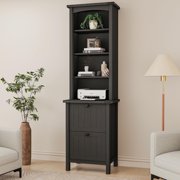 FIAKOA Bookshelf 4 Tier Book Shelf, 71" Tall Bookcase with Drawer Storage Large Bookshelves Farmhouse Bookcases Library Book Case for Living Room Bedroom Home Office Kitchen (Black)