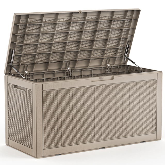 EasyUp Coffre de Terrasse en Résine de 100 Gallons à Motif Gris, une solution de Rangement de patio Verrouillable avec une construction en Résine durable et une texture à grain de Bois. Idéal pour une Utilisation Extérieure Ou Intérieure, Il Est Imperméable, Résistant aux UV et à la Rouille. les Poignées Intégrées Assurent une Mobilité Facile, et Il Sert Aussi de Banc de Rangement, de table d'Appoint Ou de Repose-Pieds. le Couvercle Ouvert Révèle un Espace de Rangement Spacieux pour Outils de Jardin, Coussins de Meubles Ou Accessoires de Piscine. Dimensions : 48.03 x 21.46 x 24.53 Pouces,