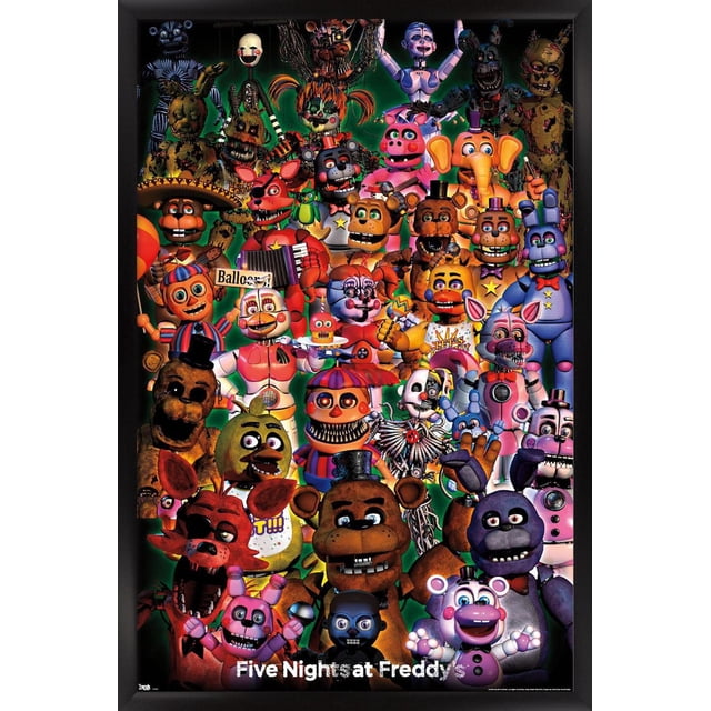 Five Nights at Freddy's - Affiche Murale de Groupe Ultime, 22,375 Po x 34 Po Présentant une Affiche Encadrée Orientée vers l'Avant de Multiples Personnages Animatroniques Colorés du Jeu Arrangés en Rangée sur un Fond Vert Foncé. les Personnages Détaillés Incluent Freddy Fazbear, Bonnie, Chica, Foxy et d'Autres avec des Couleurs et des textures Vibrantes. Cette Oeuvre Murale à Fini Satiné de Qualité Supérieure Est Idéale pour les Chambres, les B