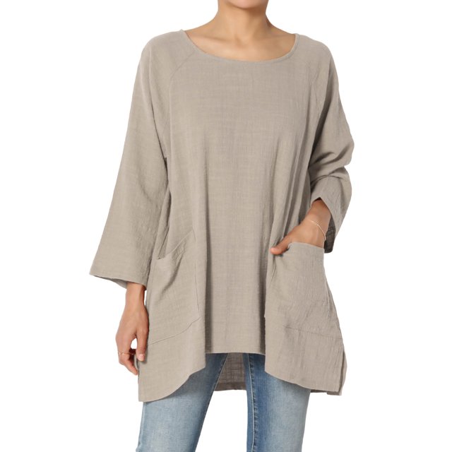Tunique Ample à Manches 3/4 en Coton Gaze Froissée pour Femmes Grande Taille