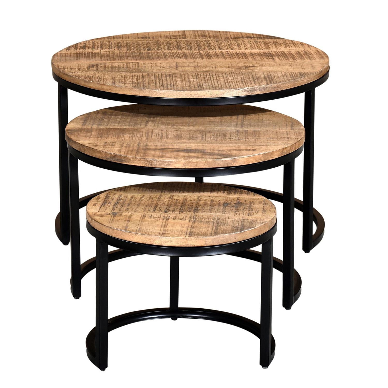 Ensemble de tables de salon rustiques modernes en bois massif et en fer, ensemble de 3 – naturel et noir