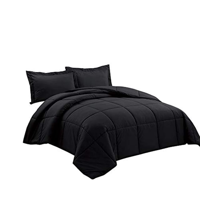 Chezmoi Collection Ensemble de Douillette 3 Pcs en Alternative au Duvet Format Grand Lit, de Couleur Noire. l'Ensemble Comprend une Douillette Légère et Respirante avec un Tissu en polyester Microfibre Lisse Façon Pêche et un design à Surpiqûres en Boîte pour une distribution Uniforme du Rembourrage. Deux Couvre-Oreillers Assortis Complètent l'Ensemble. Rembourrage en Polyfibre Hypoallergénique Assure le Confort et Minimise les Réactions Allergènes. Convient à une Utilisation Toute l'Année.