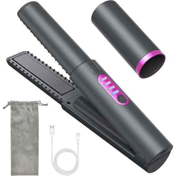 B-Qtech Fer à Lisser et à Friser Sans Fil 2 en 1, Mini Fer Plat Portable de Voyage Sans Fil, Chauffe Rapide, Lisseur 3 Niveaux Anti-Brûlure pour Cheveux Vifs, Lisses et Brillants, Rechargeable Type-C (Gris)