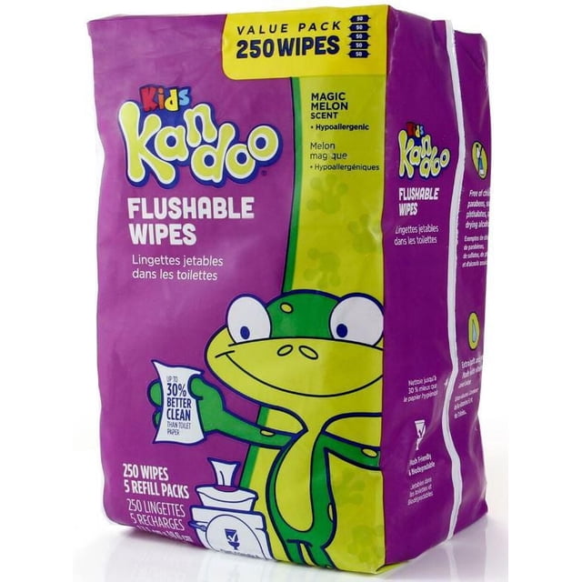 Kandoo Flushable Magic Melon Toddler Wipes Refill 250ct value pack with purple and yellow packaging featuring a cartoon green frog, containing 5 refill packs of 50 flushable, hypoallergenic wipes sized for toddlers, offering up to 30% better cleaning than toilet paper and safe for septic systems.