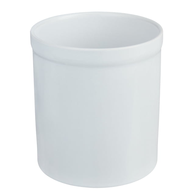 Mainstays White Glazed Ceramic Utensil Holder with a smooth, glossy white stoneware finish and cylindrical shape, designed for kitchen organization to hold cooking utensils on the counter and free up drawer space.