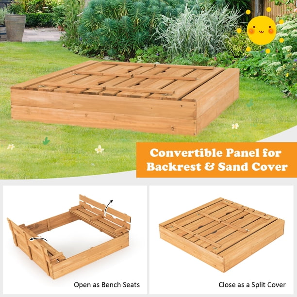 MG Design Bac à Sable En Bois 120 X 120 Cm – Avec Bancs Pliables Et Couvercle – Jeu Extérieur Enfant Jardin