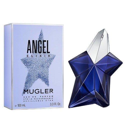 Thierry Mugler Angel Elixir Eau De Parfum Spray For Women 100ml — front view of a dark red gradient flacon with gold neck; woody floral gourmand perfume listing key notes: pink pepper, orange blossom, jasmine, ylang-ylang, sandalwood, Bourbon vanilla and amber. Often chosen as an evening signature scent or gift.