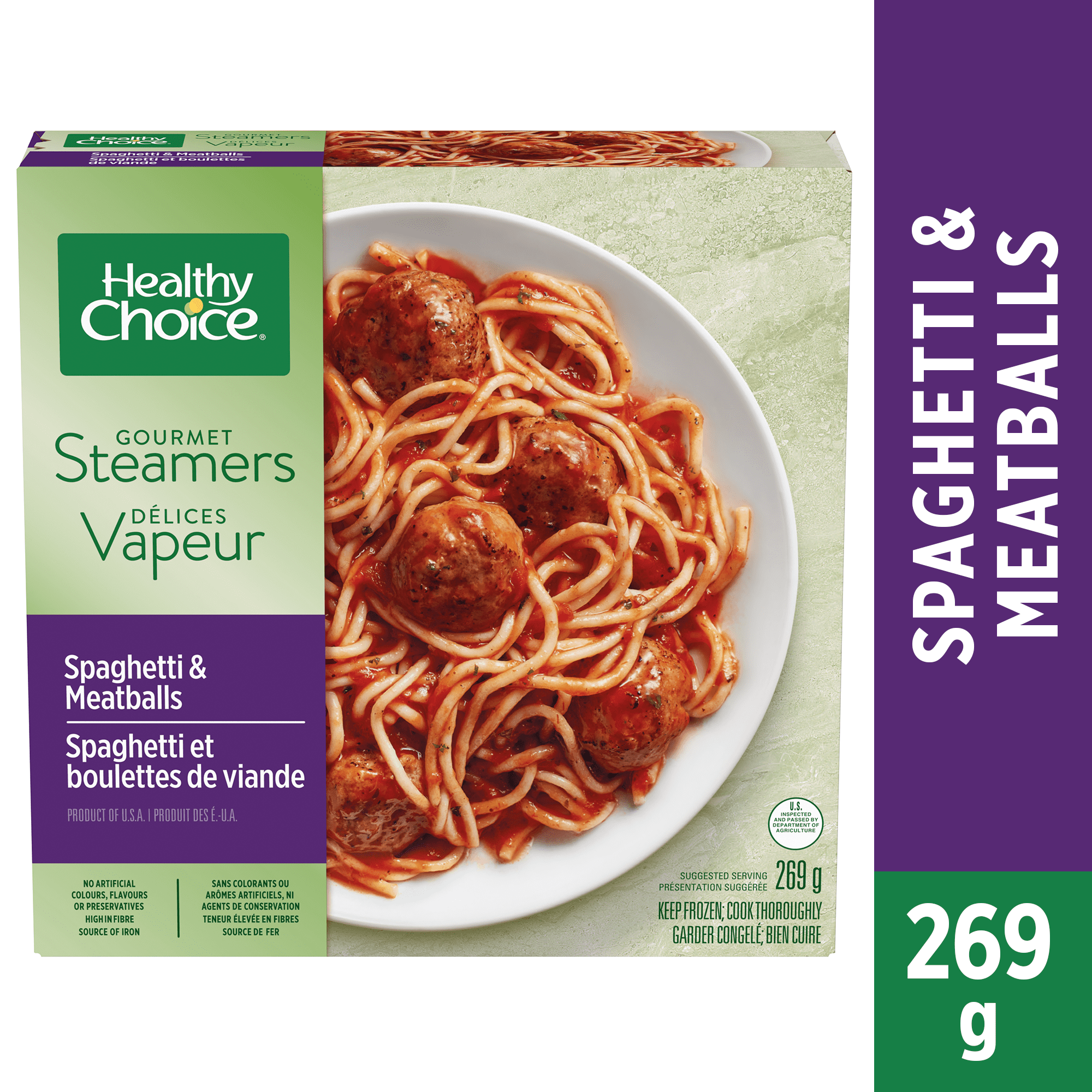 Healthy Choice Gourmet Steamers Spaghetti & Meatballs - No Artificial Colours, Flavours, or Preservatives - High in Fibre - Source of Iron, (1 x 269 g), Frozen Dinner, HCGS SPAG MTBL FZ SSM 269G