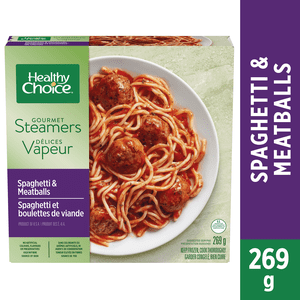 Healthy Choice Gourmet Steamers Spaghetti & Meatballs - No Artificial Colours, Flavours, or Preservatives - High in Fibre - Source of Iron, (1 x 269 g), Frozen Dinner, HCGS SPAG MTBL FZ SSM 269G