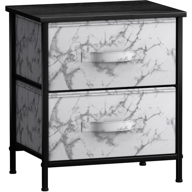 Sorbus Table de Chevet à 2 Tiroirs Commode Table d'Appoint - Cadre Noir Marbre Blanc