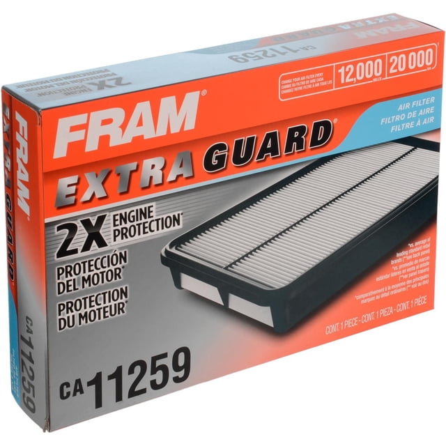 FRAM Filtre à Air CA11259 par Ex. orange et Noir, Emballage de protection Supplémentaire Comprenant un Filtre à Air de Remplacement en Forme de Panneau avec Milieu Plissé Blanc et Cadre Noir. Il Offre une protection 2X du Moteur et Est Conçu pour la filtration de l'Air des Moteurs Automobiles, Recommandé pour un Remplacement Tous les 20 000 km (12 000 miles).