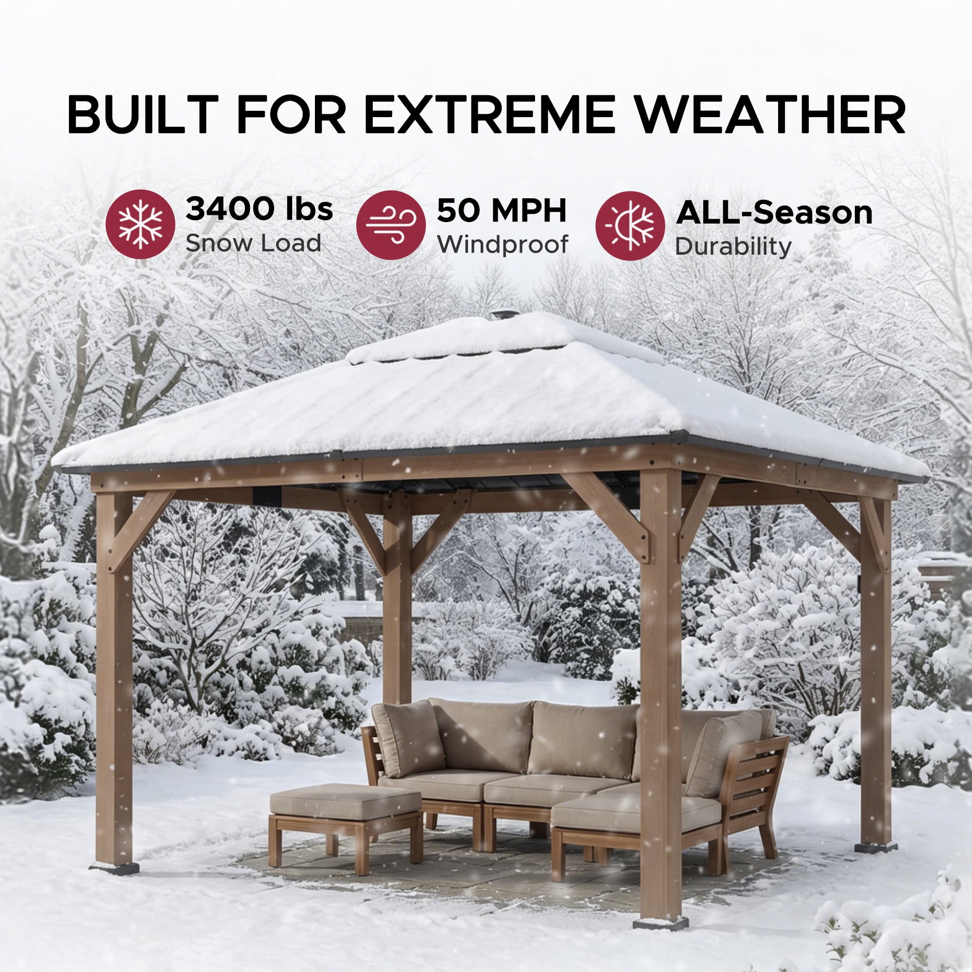 Sunjoy 11’ x 13’ Grayden Wood Gazebo , Outdoor Patio Solar Powered Hardtop Gazebo with One-Tier Metal Roof, LED Light and Ceiling Hook