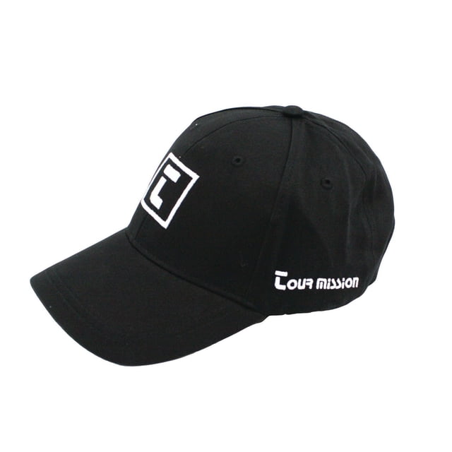 Black Men's Hat by Tour Mission shown in a front-left angled view, made of 100% cotton with embroidered eyelets for breathability, featuring a pre-curved visor and adjustable strap for a custom fit, with white embroidered Tour Mission logo on the front and side panels, suitable for sun protection and casual wear on or off the course.