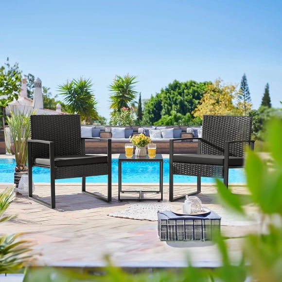 Homall Ensemble Bistro d'Extérieur 3 Pcs en Rotin PE pour Terrasse, Ensemble de Conversation de 2 avec Coussin et Table à Café, Noir