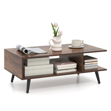 Gymax 2-Tier Coffee Table w/ Compartments & Metal Legs Rectangle Tea Cocktail Table Coffee