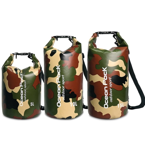 3-Piece Waterproof Bag Set with 5L, 10L & 15L Capacities – 500D PVC Material, Lightweight Design, Multiple Color Options (Camouflage/Blue/Pink) for Outdoor Activities, Travel & Storage