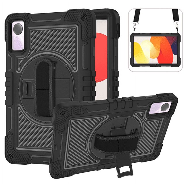 For Xiaomi Redmi Pad SE 11 Inch 360 Rotating Tablet Case Kids Safe Cover With Hand Shoulder Strap 3-Layers Protection Funda Capa Black Redmi Pad SE 11 inch