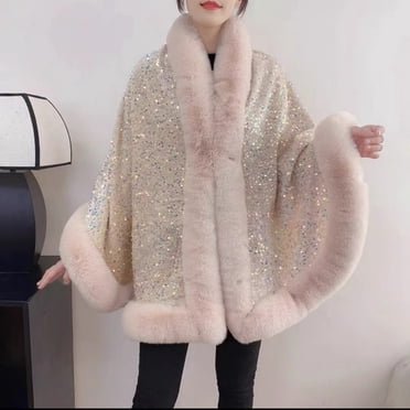 Meichang Châle Enveloppant en Fausse Fourrure pour Femmes, Poncho Cape à Paillettes Scintillantes, Garniture en Fausse Fourrure, Cardigan d'Hiver Épaissi à devant Ouvert, Cape Thermique en Molleton Duveteux pour Fête