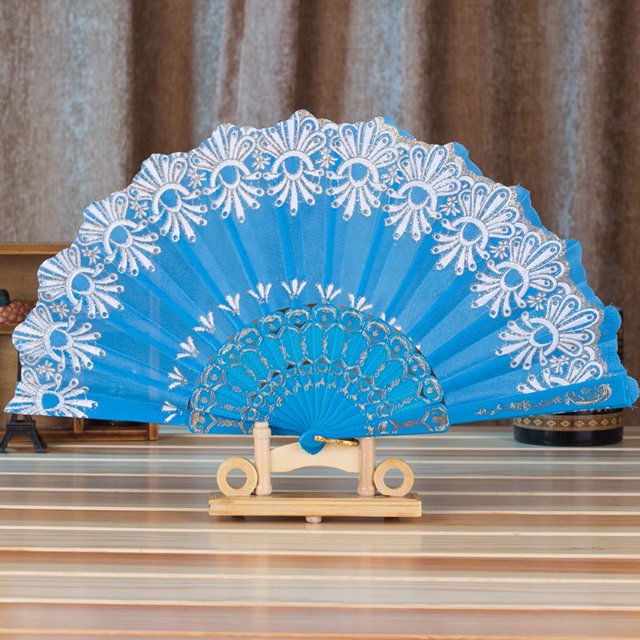 VogueV Chinese Gold-Foiled Folding Fan - Traditional Handheld Wedding Accessory Sky Blue