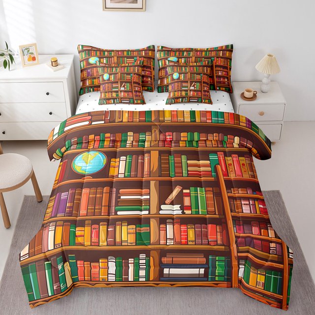 YST Cartoon Bookshelf 7 Piece Comforter Set King,Retro Bookcase Bed in a Bag for Kids Boys Girls,Library Books Reading Bedding Set,Educational Book Collection Sheet Set for Bedroom