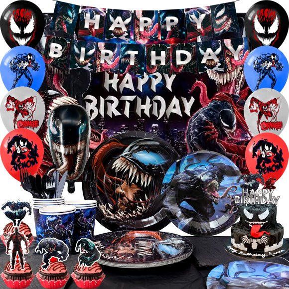 Venom Fournitures pour Fête d'Anniversaire, Ensemble de 113 Pcs de Décorations et Vaisselle d'Anniversaire Venom - Décorations de Fête Venom Bannières Ballons Toile de Fond Assiettes Serviettes Gobelets Nappe etc. Décorations d'Anniversaire Venom
