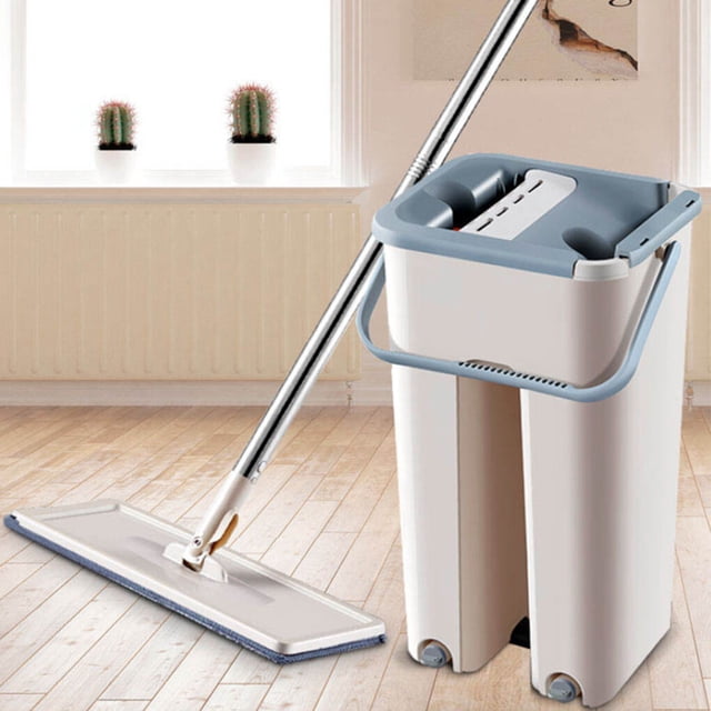 Flat Mop Bucket Set Self-wash Microfiber Mop Reusable Dry Wet Floor Washing Tools, 4Pcs Cloth. This household cleaning tool includes a dual-chamber bucket with a water outlet for easy drainage, a flat microfiber mop with strong adsorption capacity for water, stains, and dust, and a stainless steel handle with an anti-slip design. The mop features 360-degree flexible rotation for efficient cleaning without dead angles. Ideal for both dry and wet floor cleaning tasks.