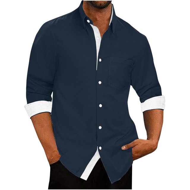 Chemises à Manches Longues pour Hommes Mode Décontractée Patchwork Col Rabattu Bouton Chemise à Manches Longues Blouse Chemise à Manches Longues pour Hommes