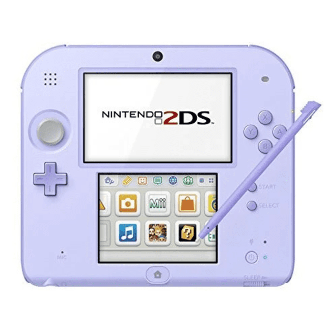 Nintendo console de Jeu Portative 2DS en Lavande, Modèle Remis à Neuf, Présentant un design à Double Écran avec une interface à Écran Tactile et des Commandes Physiques. l'Écran Supérieur Affiche le logo Nintendo 2DS, l'Écran Inférieur Montre des Icônes d'App. Comprend un Stylet pour la navigation et le Jeu. Compatible avec les Jeux DS et 3DS en 2D, avec Connectivité Sans Fil pour le Multijoueur et l'Accès à l'Eshop Nintendo. Idéal pour les Amateurs de Jeux Portatifs.
