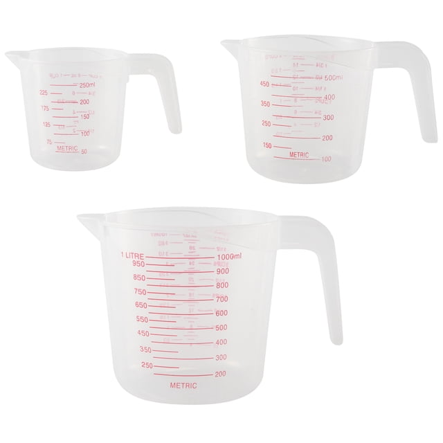 3pc Plastic Measuring Jug Set featuring large 4-cup, 2-cup, and 1-cup capacities. Made of transparent plastic with bright red embossed measurement markings for easy visibility. Each jug includes an angled grip handle with a thumb rest for comfort and control, suitable for both right- and left-handed users. The set is stackable for compact storage and features non-drip, slanted spouts for precise pouring. Dishwasher safe and resistant to staining, odors, and warping, making it ideal for measuring both dry and wet ingredients in the kitchen.