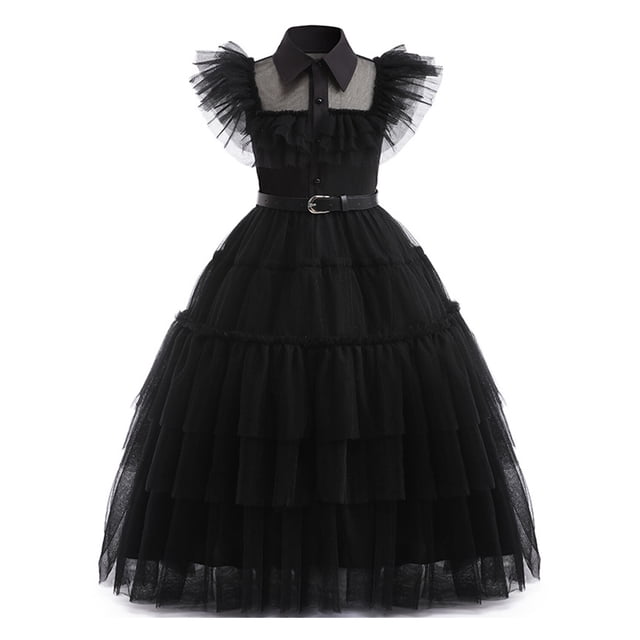 HAWEE Costume de Wednesday Addams pour Filles Robe Addams, une Robe de cosplay Gothique vintage Noire pour Enfants de 4 à 13 Ans. la Robe Présente un Col à Revers, un devant Boutonné, des Épaules en tulle Superposées et une Jupe « cake » à Plusieurs Couches pour une Apparence Duveteuse. Elle Comprend une Ceinture en Cuir PU pour une Taille Ajustée. Convient à l'Halloween, au cosplay, aux Jeux Scolaires et aux Fêtes à Thème.