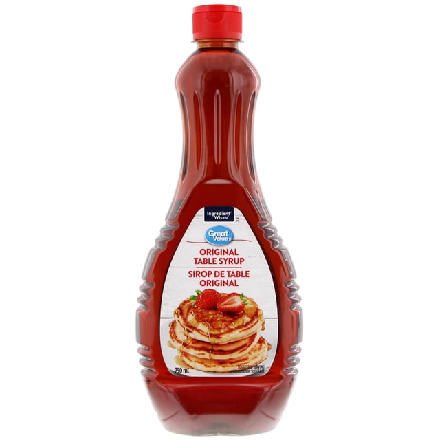 Great Value Original Table Syrup in a 750 ml clear plastic bottle with a red flip-top cap, featuring a label with stacked pancakes topped with strawberries and syrup, ideal for drizzling on breakfast foods and stored in a recyclable bottle.