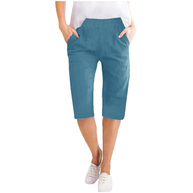Timegard Womens Shorts Cotton Linen Elastic Waist Solid Color Summer Knee Length Trousers with Pockets