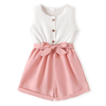 thumbnail image 1 of PatPat Kid Girl Button Design Sleeveless Belted Splice Romper Jumpsuit Shorts, 1 of 6