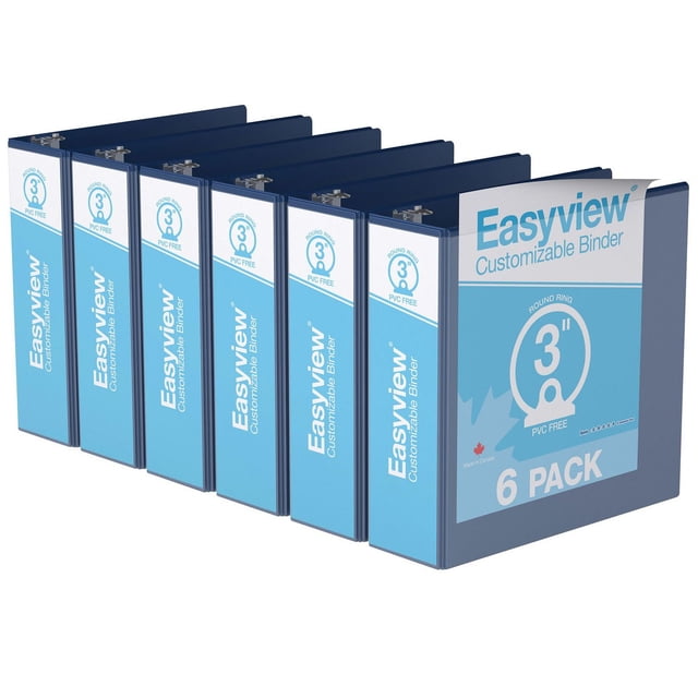 Davis Group Easyview Premium round ring customizable view binder 6 pack with 3-inch rings, shown in a front angled view. Each blue binder features a clear overlay on front, spine, and back covers for customization, made from PVC-free polypropylene with back-mounted rings to keep pages flat. Made in Canada, ideal for organizing presentations, manuals, and reports, and suitable for storing craft papers or project materials.