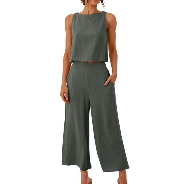 RKSTN Two Piece Set for Woman Round Neck Solid Color Sleeveless Blouse and Loose Pockets Pants Summer Outfits