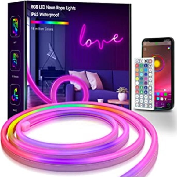 WINGOMART Guirlandes Néon 16,4 Pi Néon RVB à DEL avec Télécommande, Bande Lumineuse Néon à DEL Intelligente avec Application Intelligente, Bandes Lumineuses à DEL Étanches pour l'Intérieur et l'Extérieur